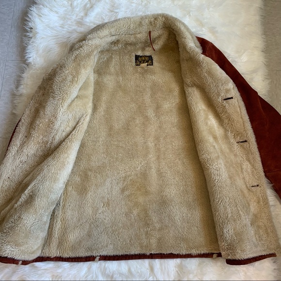 RARE vintage 70s burnt orange genuine suede Sherpa retro coat size XL - Picture 13 of 16
